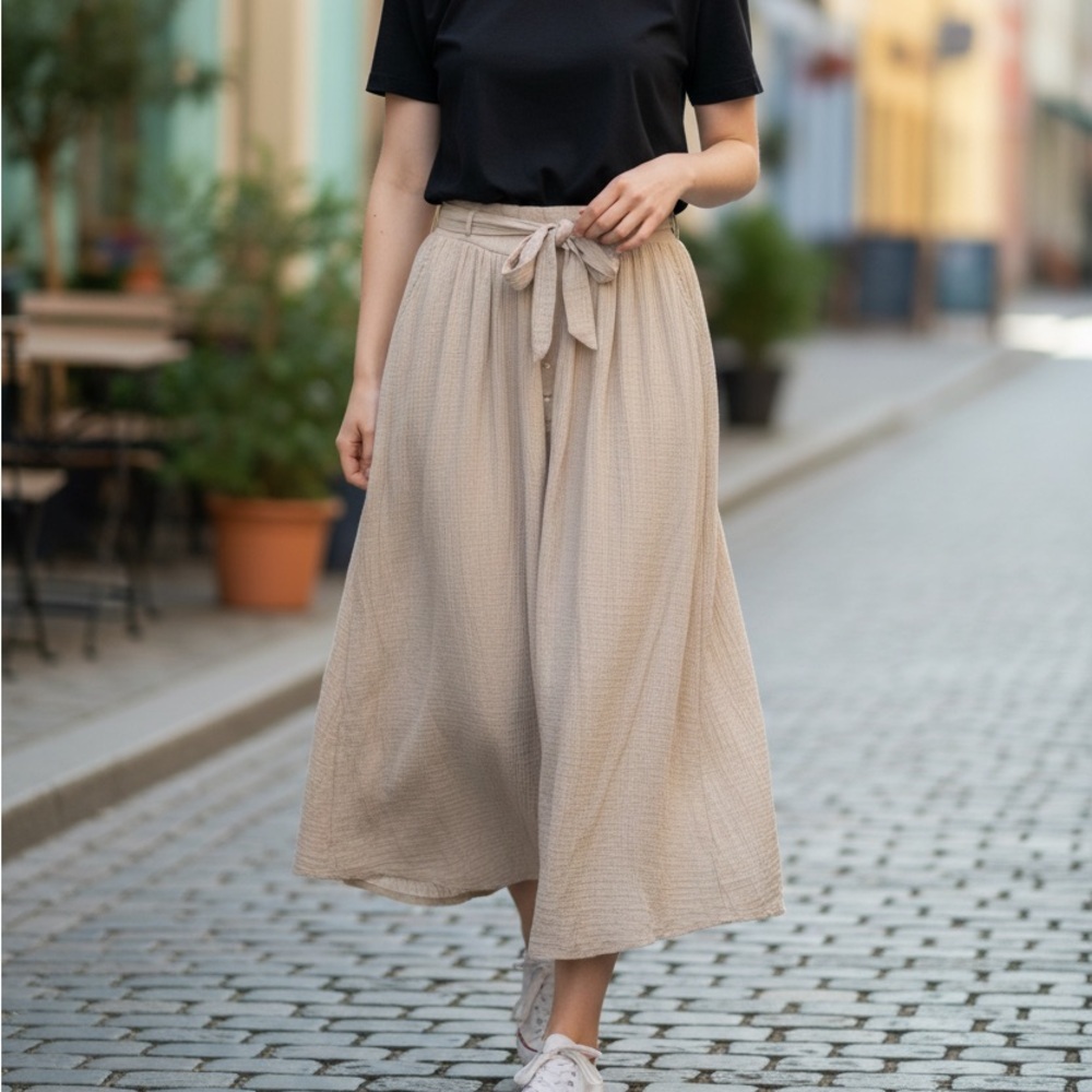 Marled Beige A-Line Midi Skirt with Waist Tie